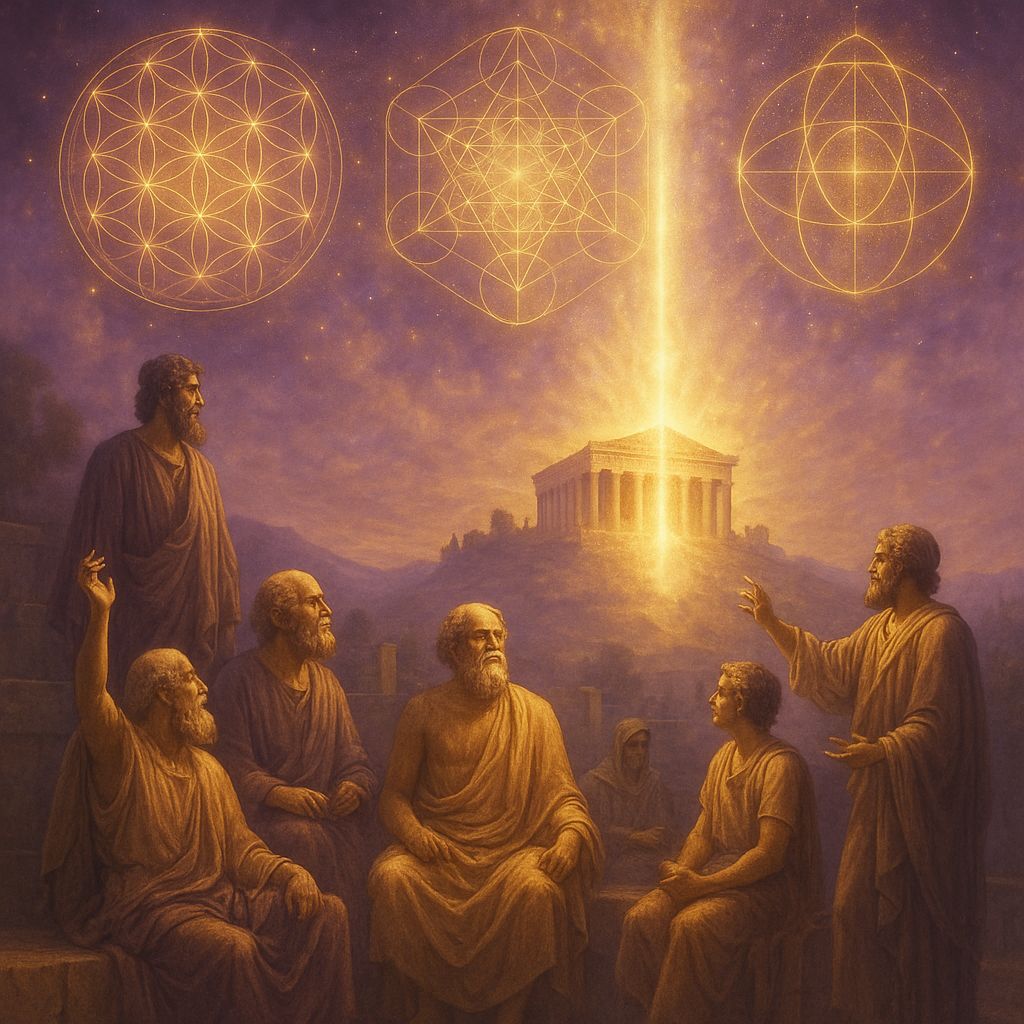 Ancient Greek philosophy consciousness evolution cover - Athens temple with sacred geometry patterns representing the birth of human thinking as spiritual activity