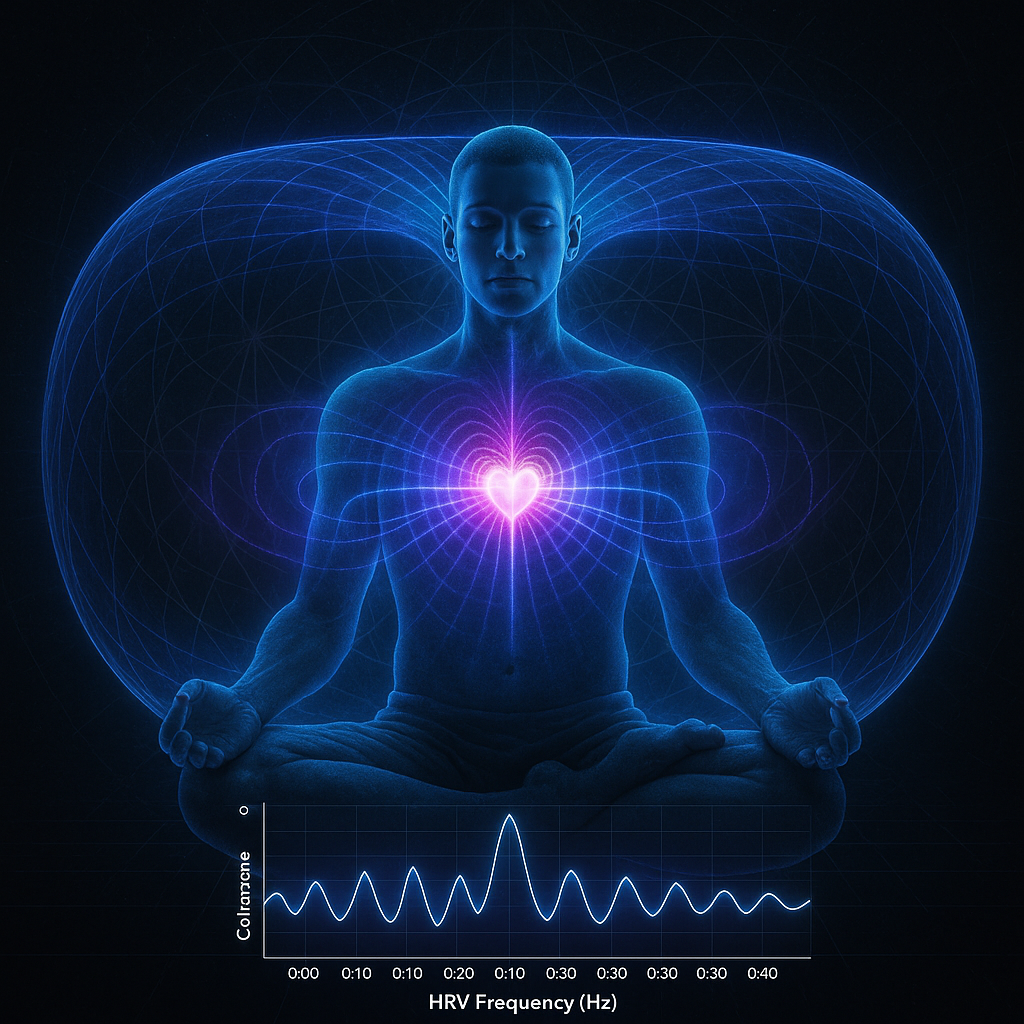 Scientific visualization of human biofield coherence measurement showing person in meditation with torus energy field and HRV patterns