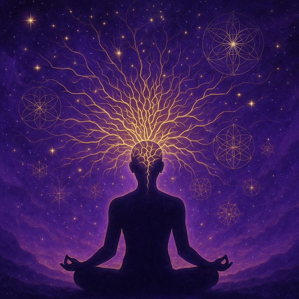 The Cosmic Dimension of Thinking cover image showing meditation silhouette with mind expanding into cosmic consciousness through golden neural pathways and sacred geometry
