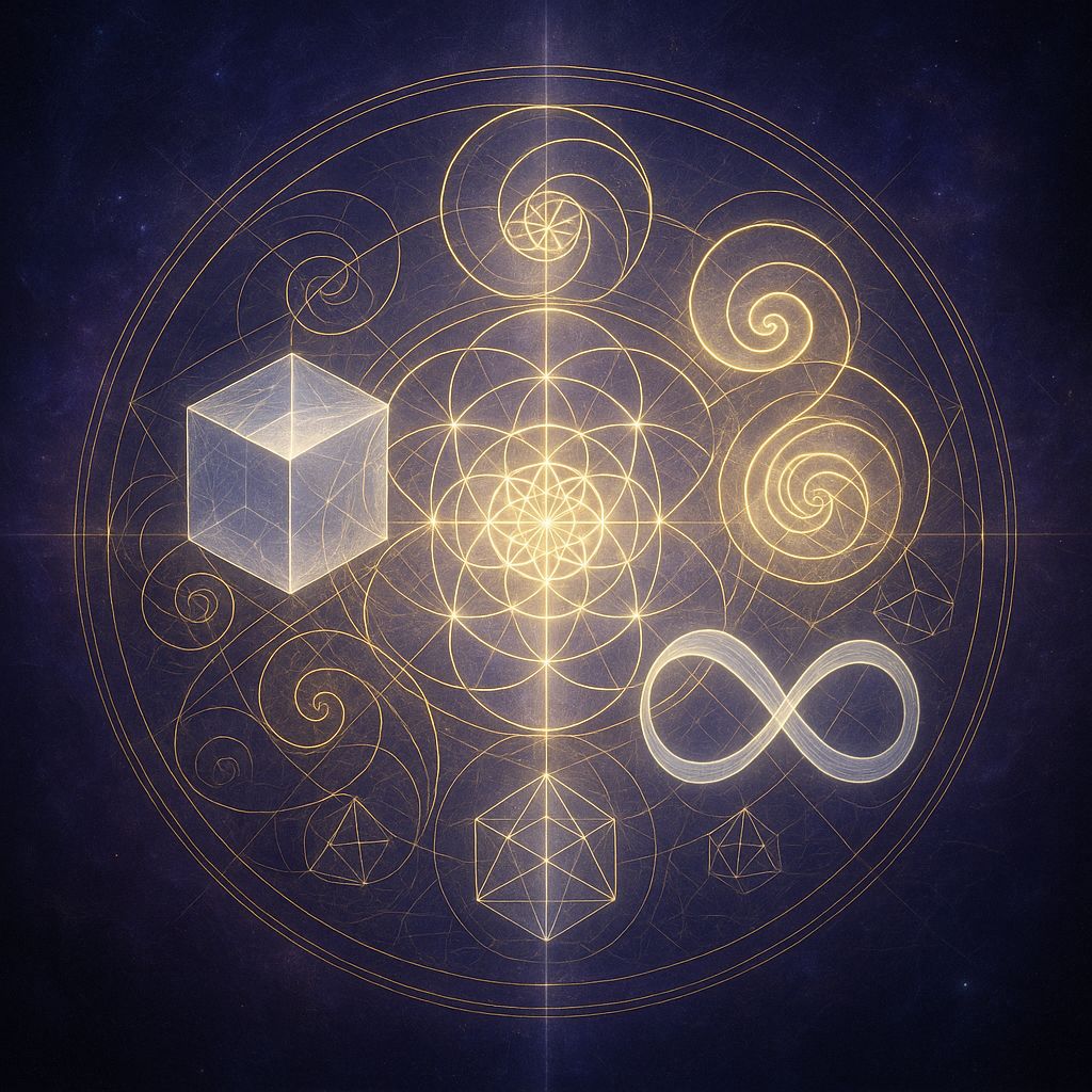 German Idealism creative consciousness visualization with sacred geometry showing Fichte Schelling Hegel unified in cosmic mandala