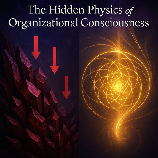 Cover image for The Hidden Physics of Organizational Consciousness article showing pride versus gratitude energy patterns in organizations