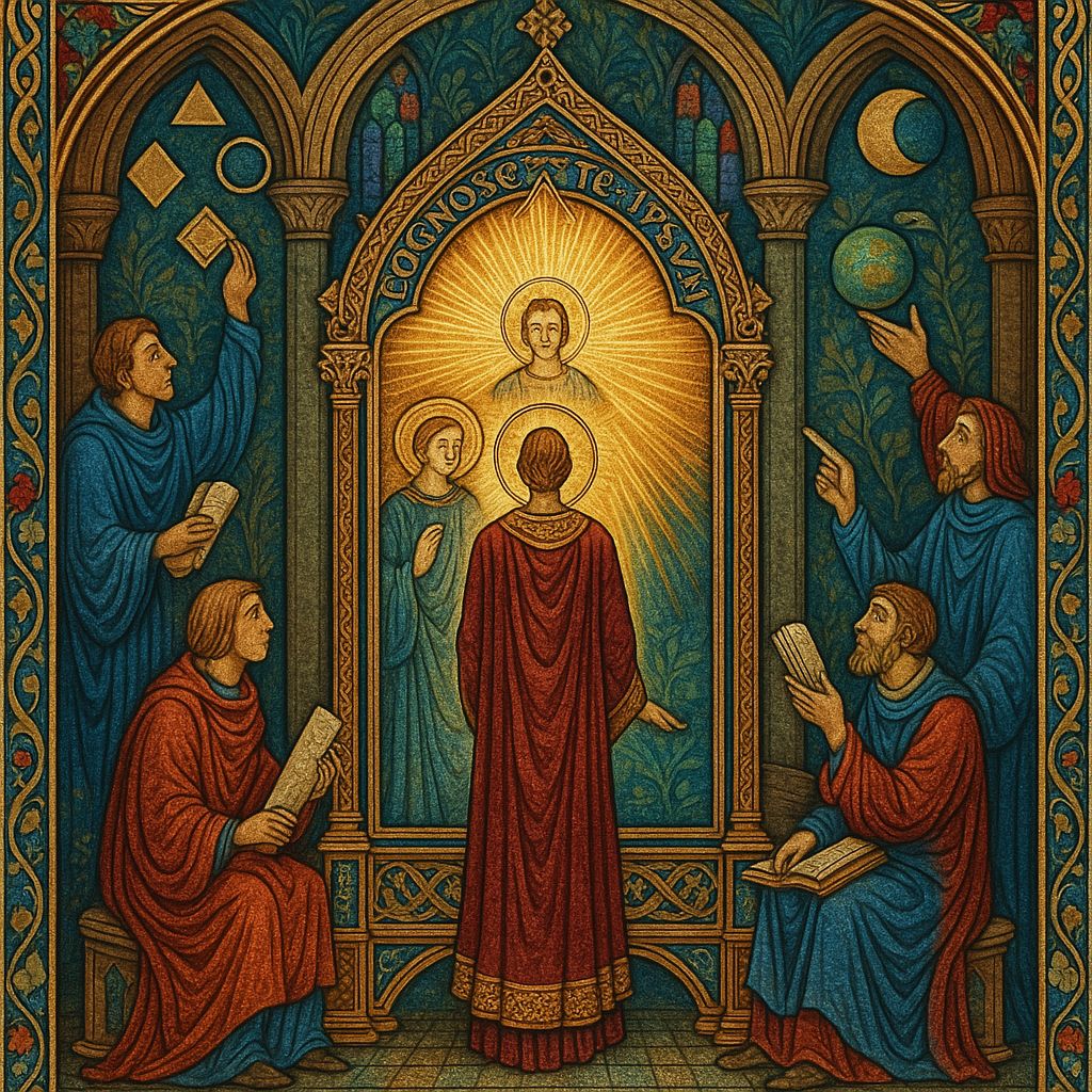 Medieval self-consciousness birth illuminated manuscript cover featuring mirror reflection layers and Gothic architecture