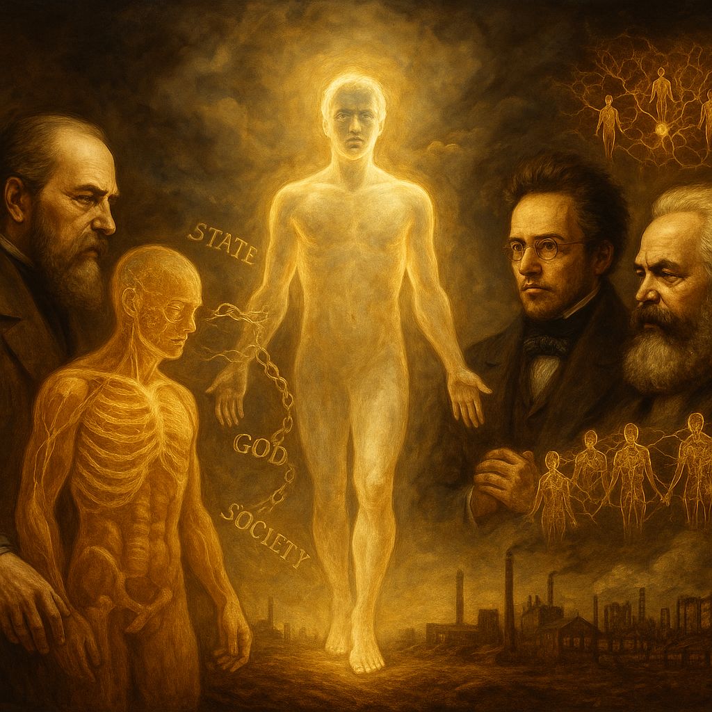 Consciousness discovering its material and social ground - philosophical cover showing embodied awareness, sovereign ego, and collective consciousness