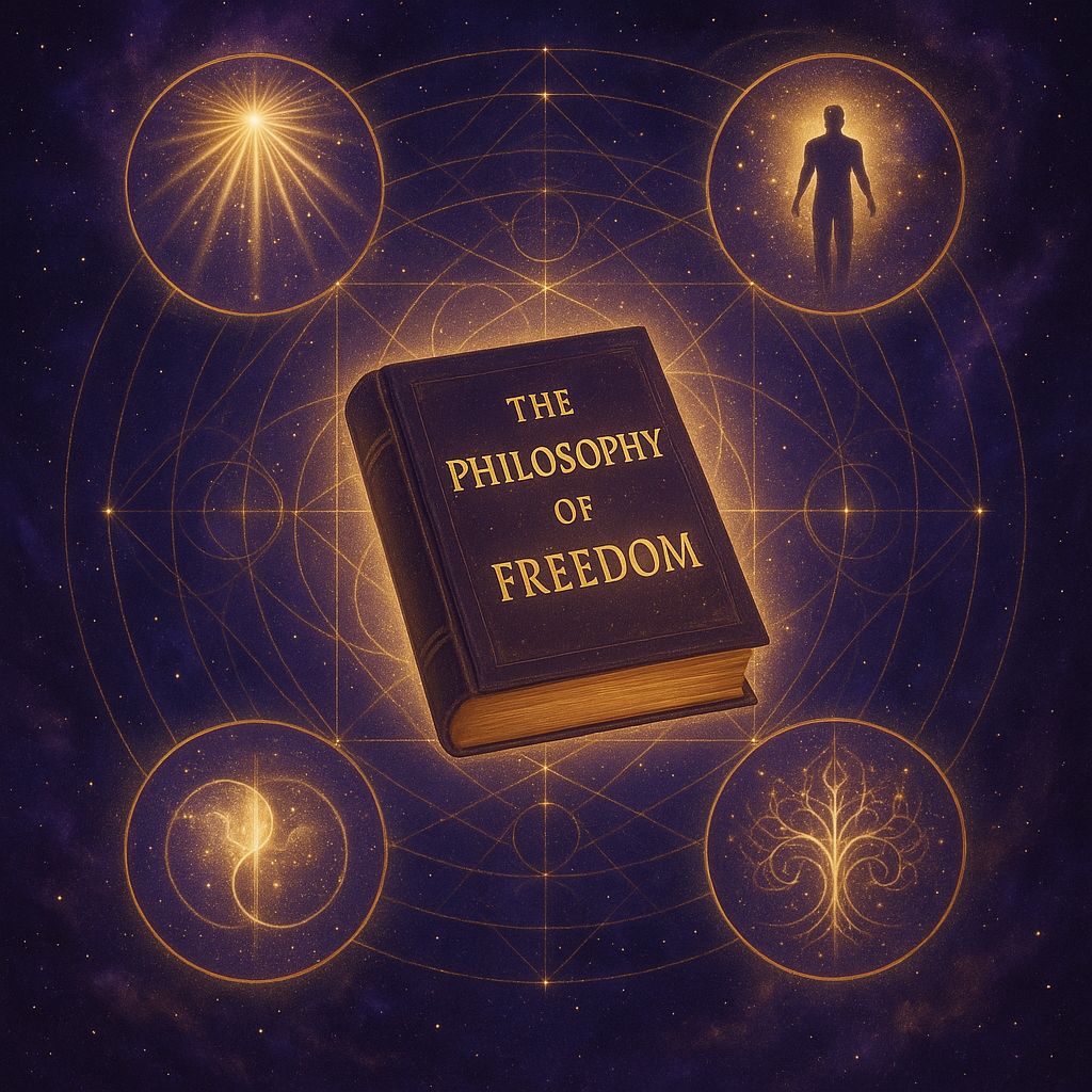 Philosophy of Freedom pillar page cover showing ethereal book with four chapter portals in cosmic sacred geometry design
