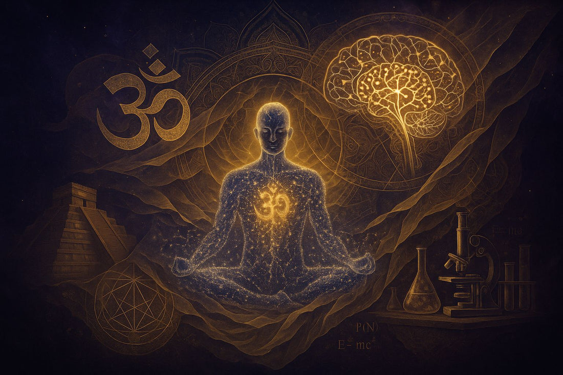 Epic visualization showing a meditating figure dissolving into quantum particles and neural networks, with Eastern Om symbols transforming into brain synapses