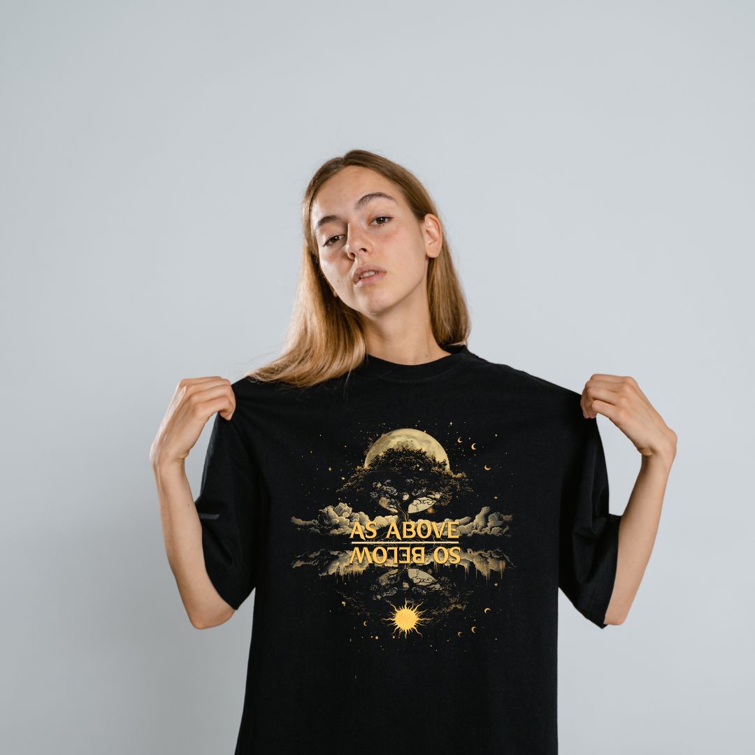 Woman Wearing As Above so below alchemy tshirt | Thalira