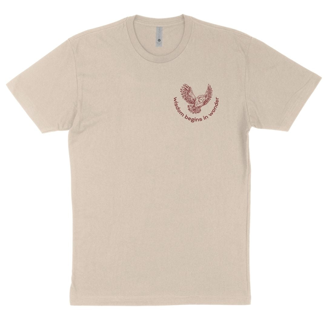 Socrates apology 38 graphic tshirt front Owl "wisdom begins in wonder" tshirt