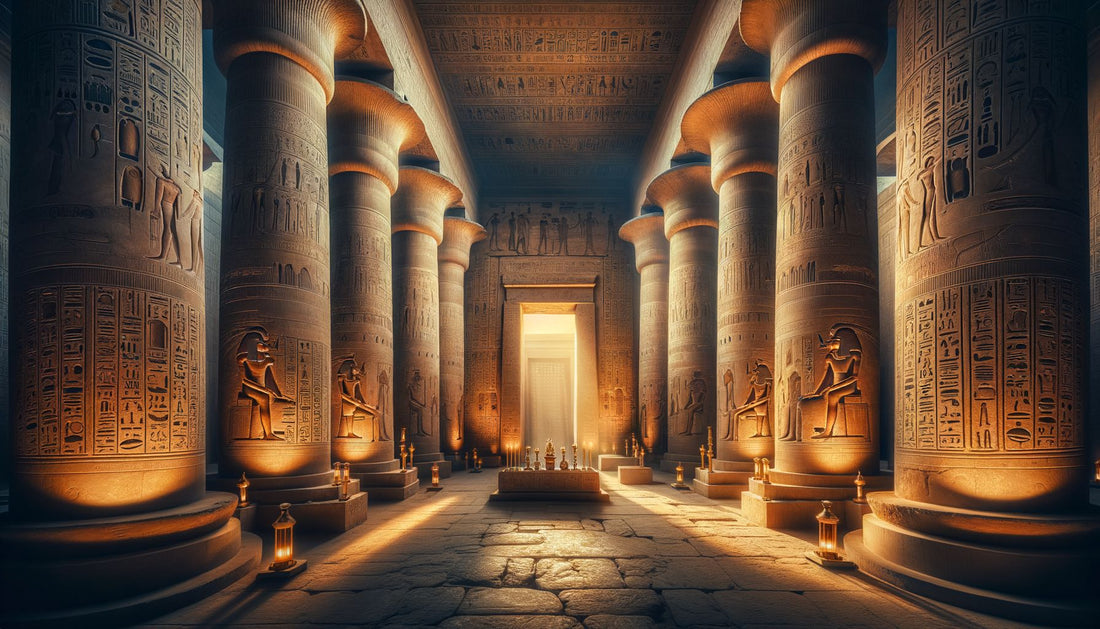 Ancient Egyptian temple interior at Serabit el-Khadim with golden sunlight and hieroglyphics