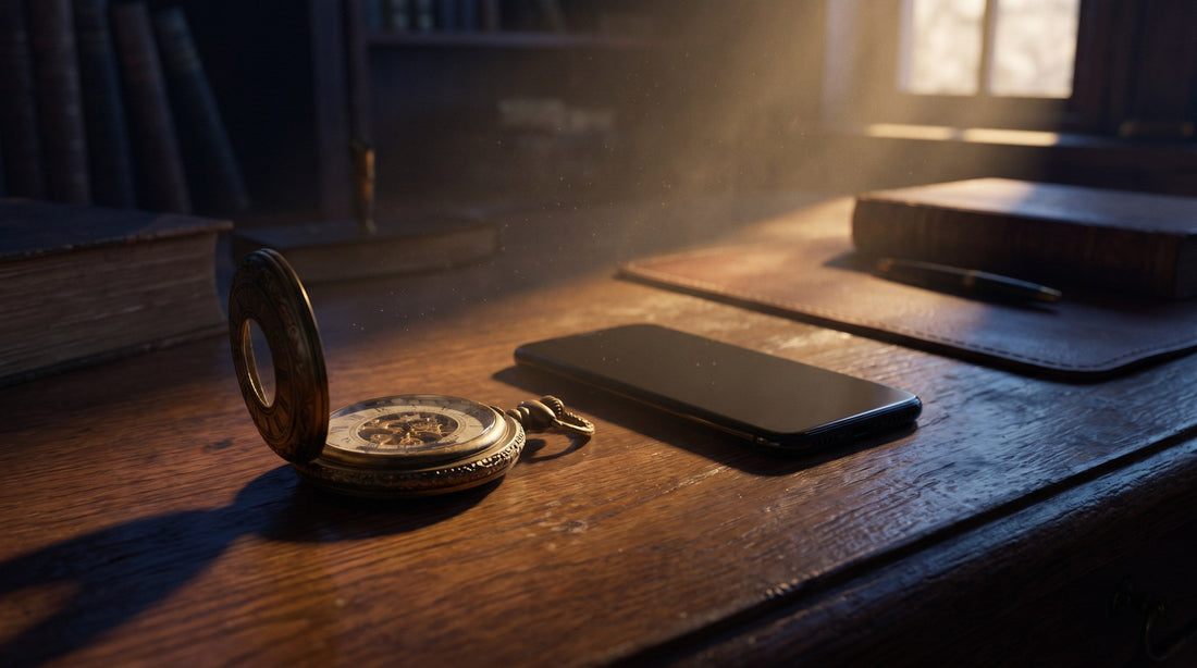 Antique pocket watch beside a face-down phone symbolizing the Thursday dopamine detox collapse - Thalira
