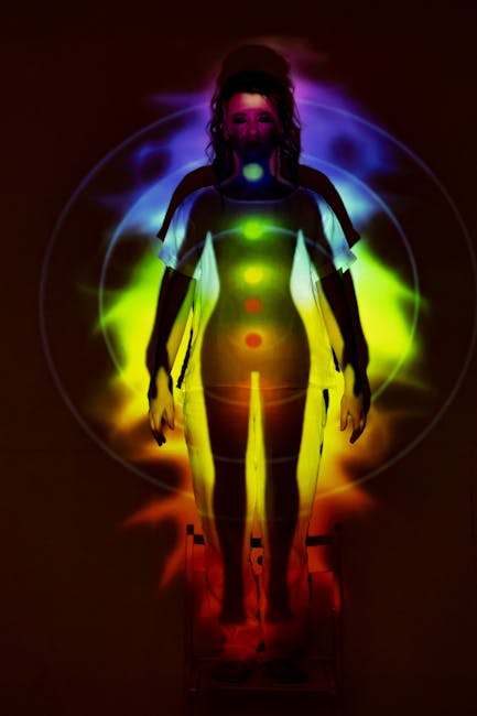 Human silhouette with seven chakras illuminated - the energy body
