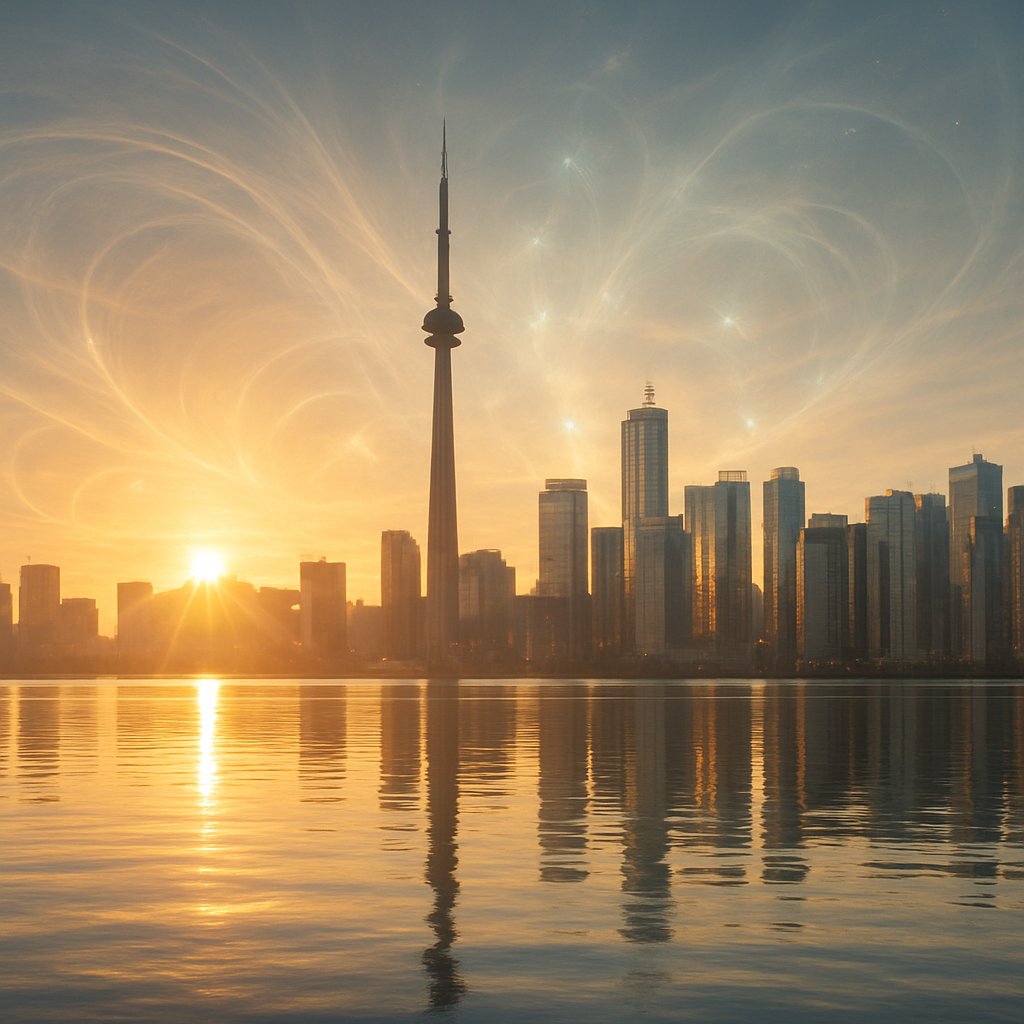 Toronto skyline at dawn with CN Tower reaching toward cosmic consciousness, Lake Ontario reflecting golden light of transformation