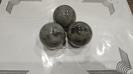 Three 40mm labradorite spheres triangular set with blue and gold flash