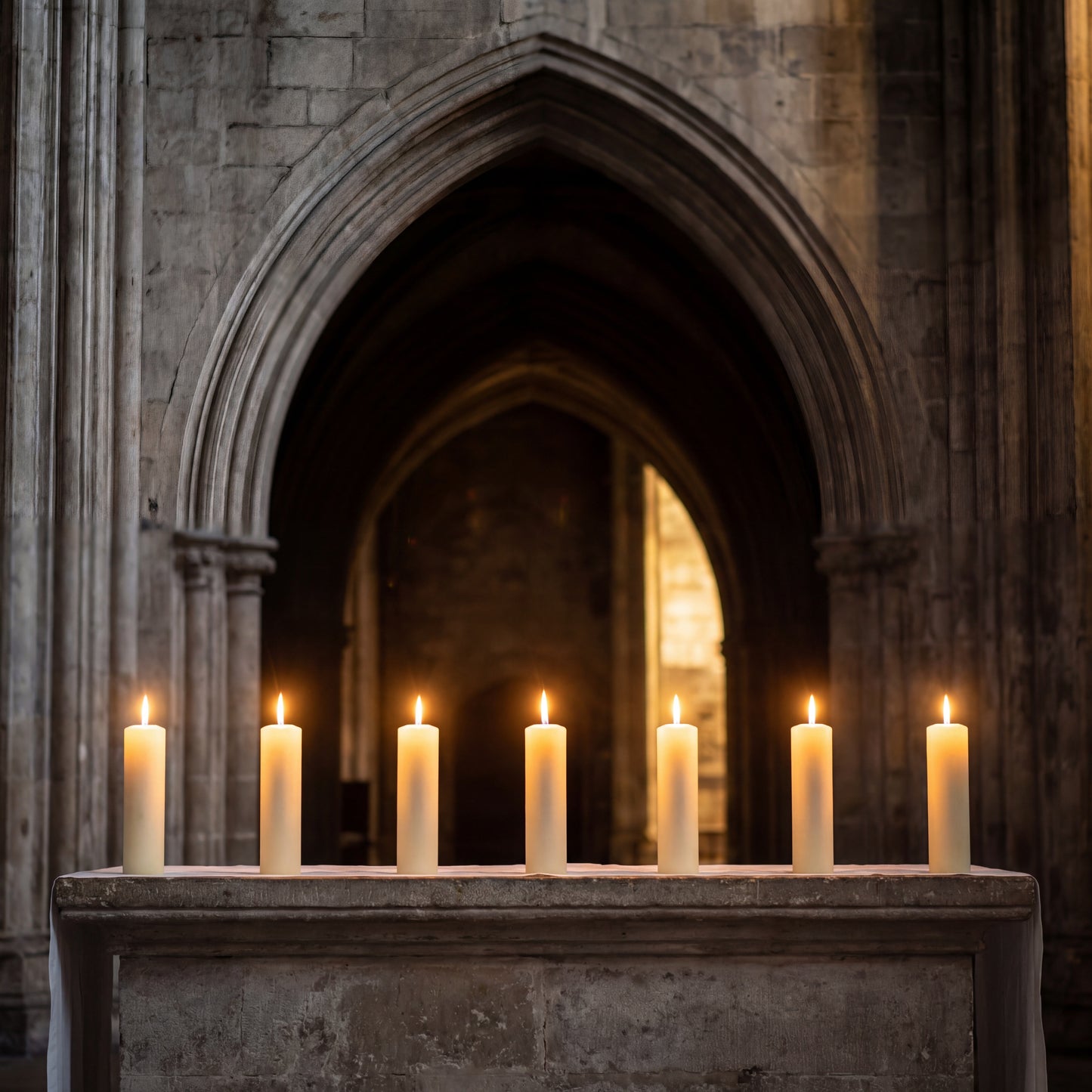 The 7 Stages of Golgotha: Easter Meditation Guide - Seven candles on ancient stone altar in cathedral light