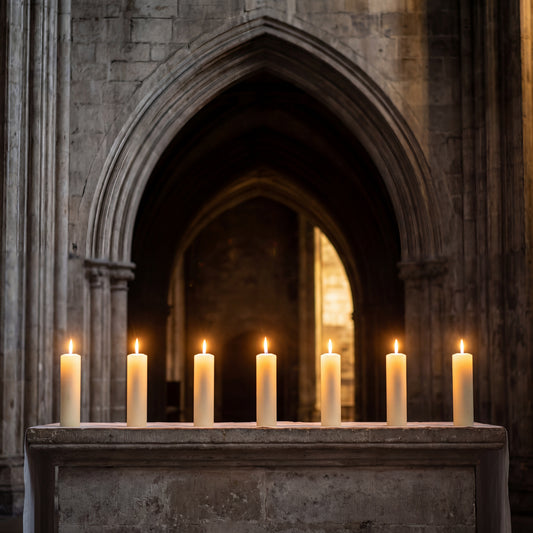 The 7 Stages of Golgotha: Easter Meditation Guide - Seven candles on ancient stone altar in cathedral light