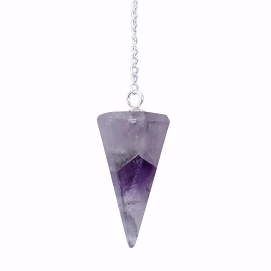 Natural amethyst hexagon pendulum on silver chain for neutral dowsing