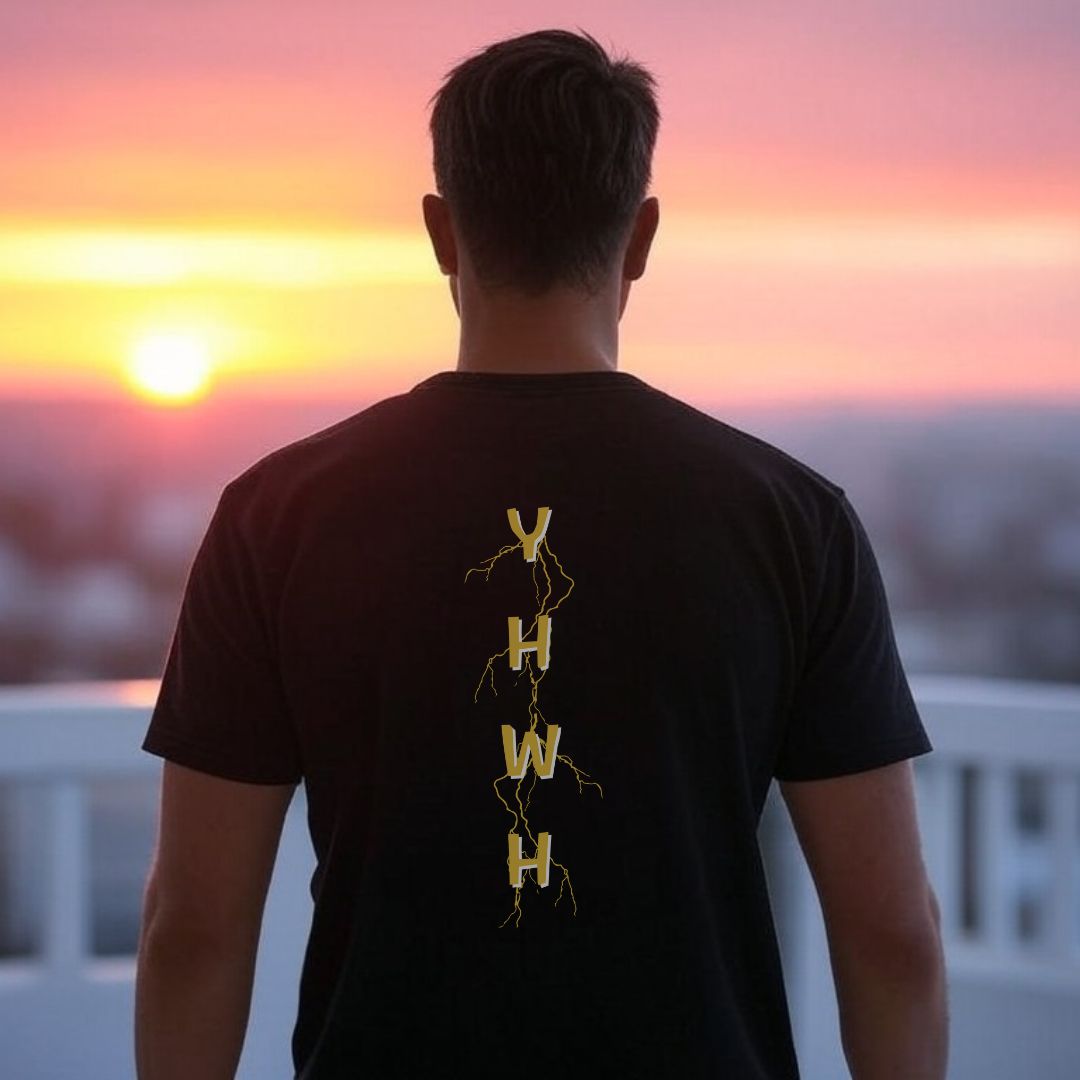 Man Facing Sunset Showing Forever YHWH Back of Tshirt | Thalira