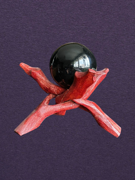Black Obsidian Sphere with Coral Stand - Hand Selected