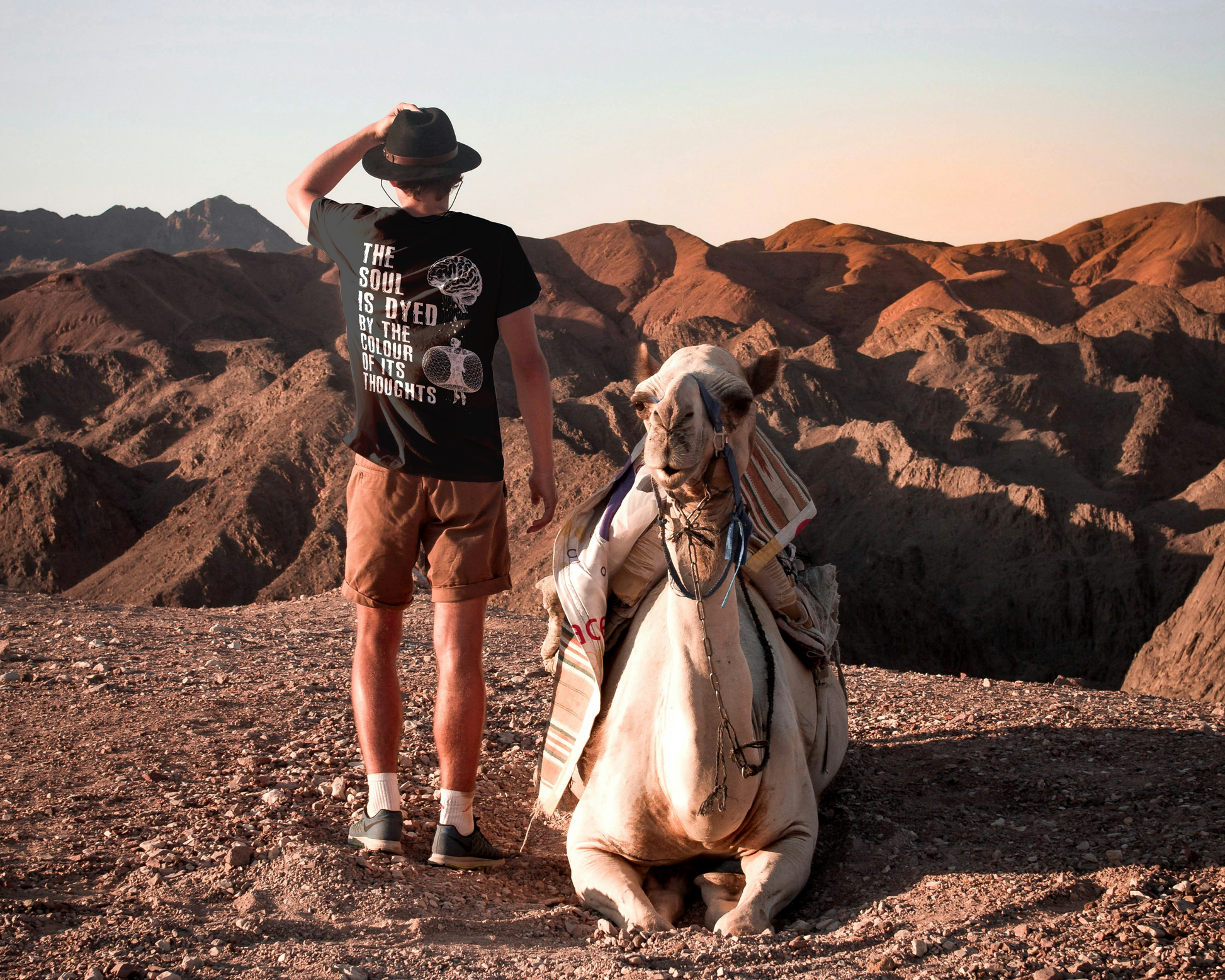 Stoic Mens Black Tshirt On Man Standing in Desert With Camel