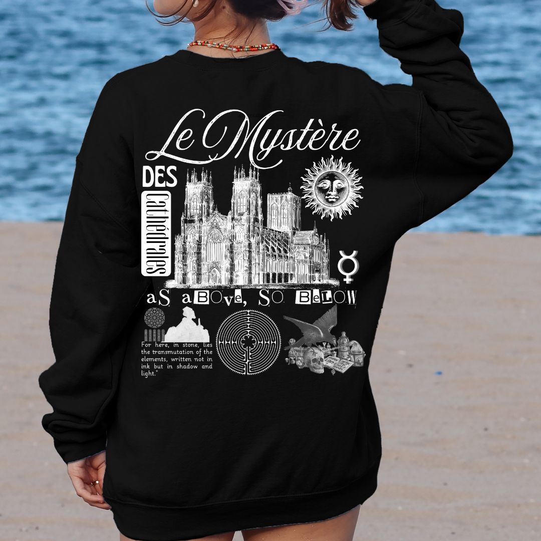 Woman Wearing Le Mystere des Cathedrales Black Sweatshirt Back | Thalira