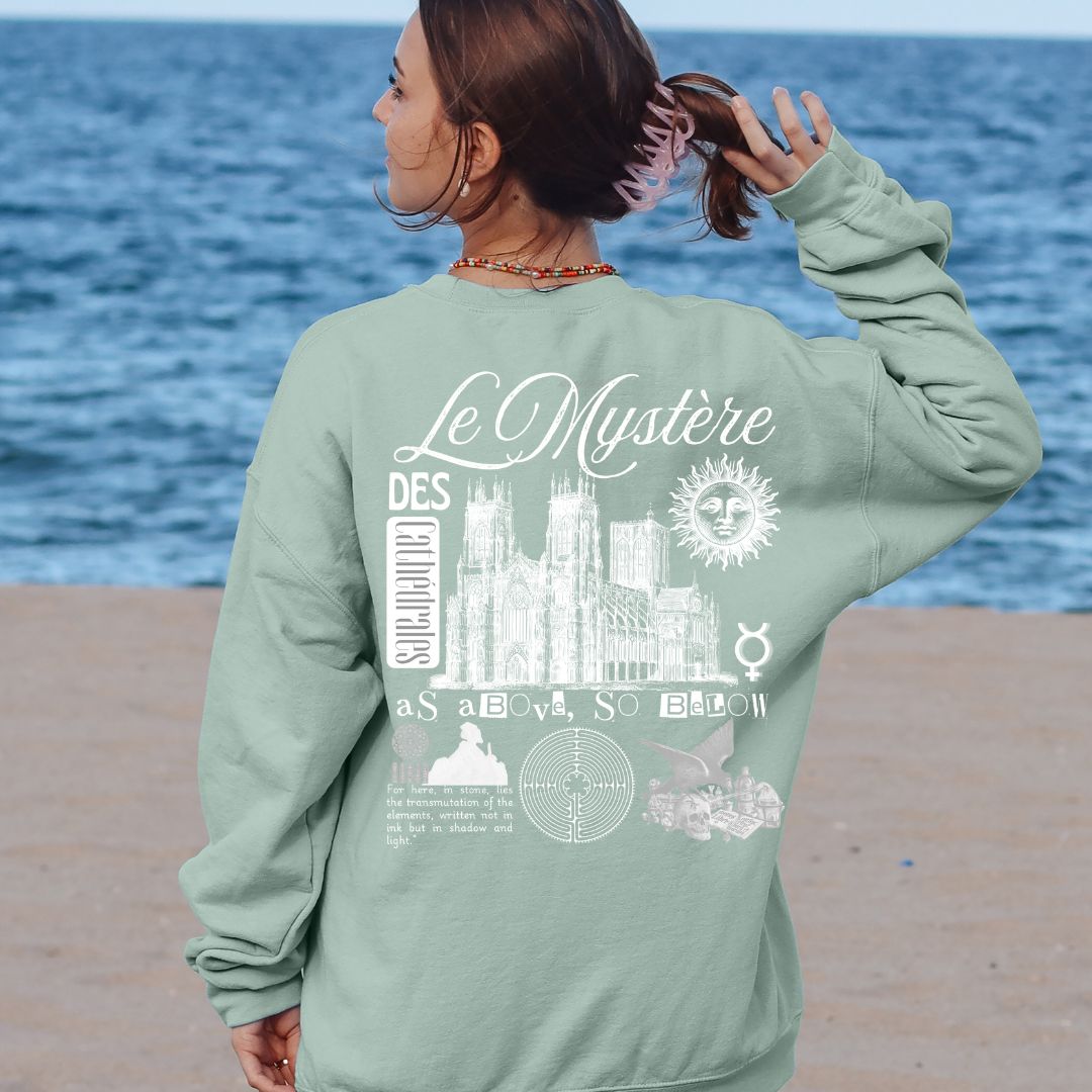 Woman Wearing Le Mystere des Cathedrales Sage Sweatshirt Back | Thalira