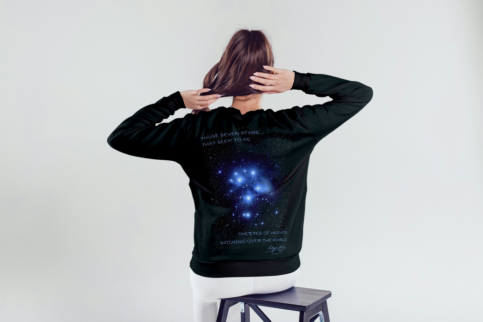 Woman Wearing Seven Sisters of The Pleiades Sweater Back | Thalira