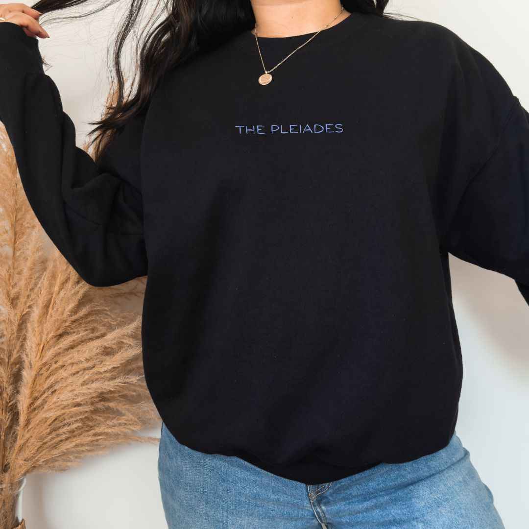 Woman Wearing Seven Sisters of The Pleiades Sweater Front | Thalira