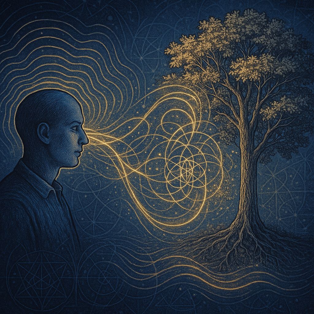 Rudolf Steiner's percept-concept unity illustrated showing observer and tree with quantum fields representing the merging of sensory perception and thinking into complete reality
