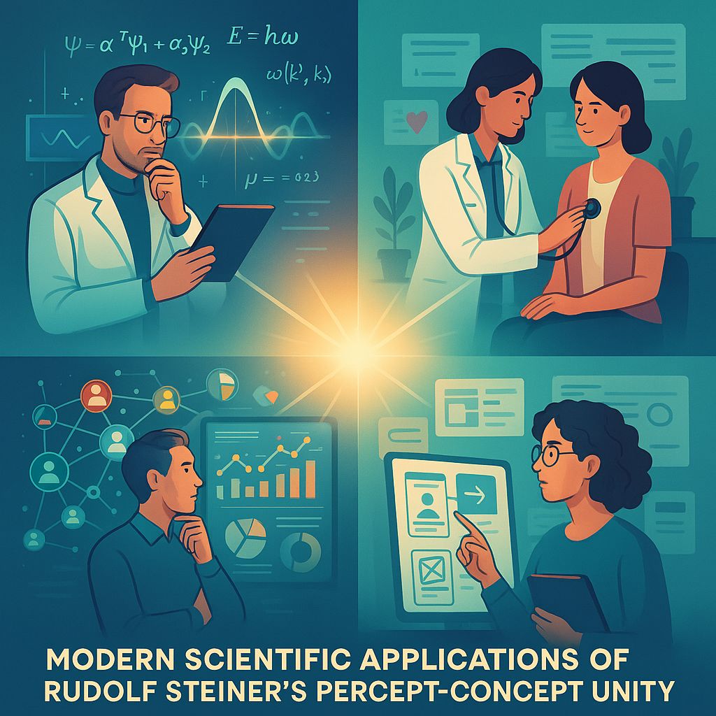 Modern applications of Steiner's percept-concept unity showing quantum physics, holistic medicine, systems thinking, and design thinking unified by central light