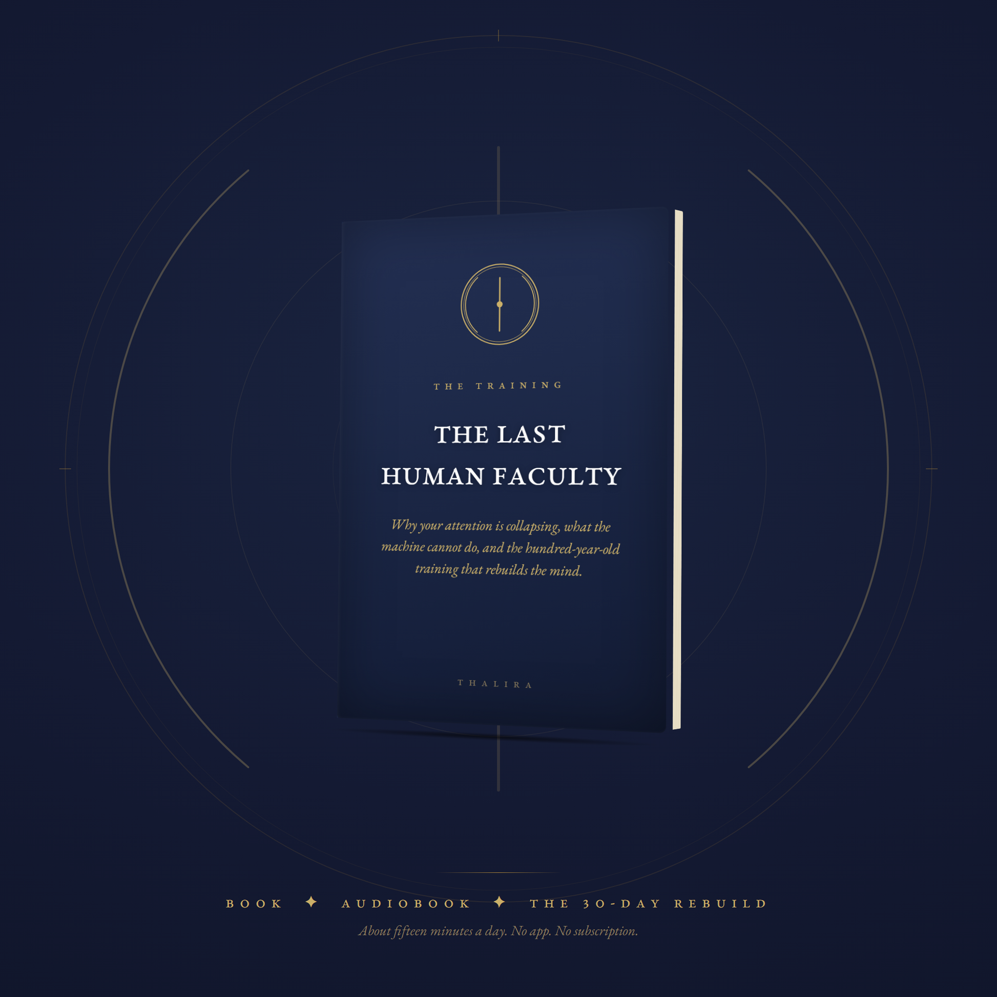 The Last Human Faculty book standing inside the Thalira emblem geometry: book, audiobook, and the 30-Day Rebuild