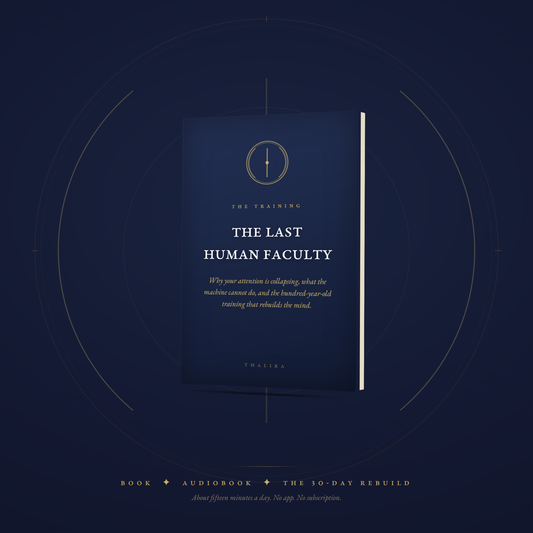 The Last Human Faculty book standing inside the Thalira emblem geometry: book, audiobook, and the 30-Day Rebuild